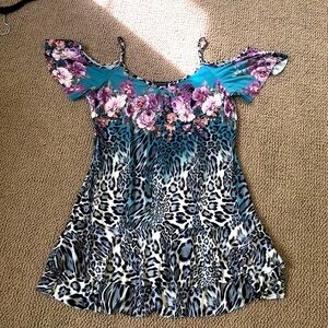 VENUS ANIMAL & FLOWERS PRINT CUT-OUT SHOULDERS SPAGHETTI STRAP DRESS